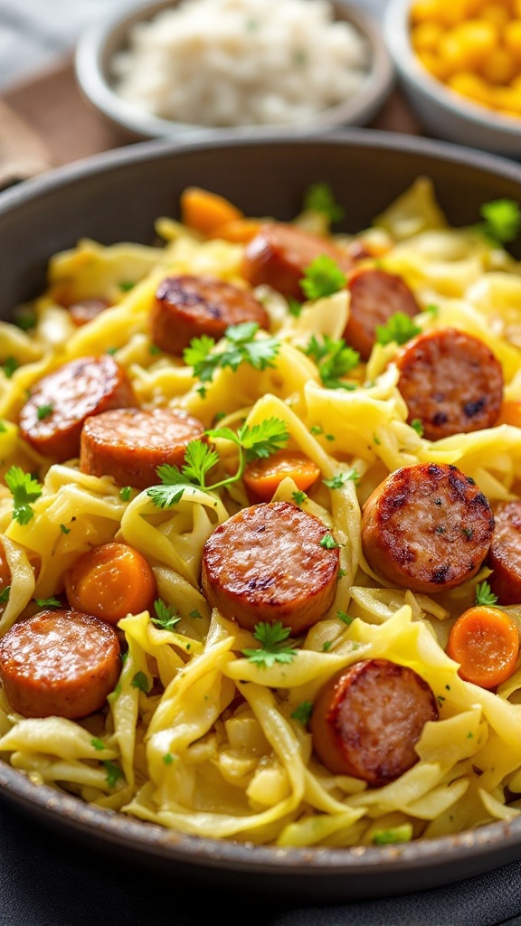 A skillet filled with cooked cabbage, sausage slices, and carrots, garnished with fresh herbs.