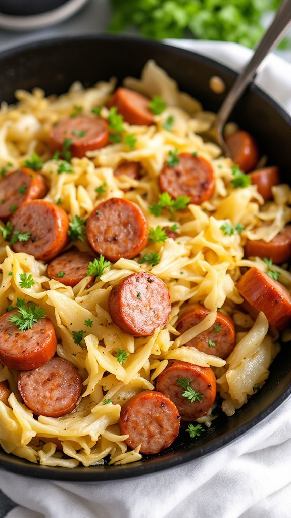 A skillet filled with Cabbage and Sausage, featuring noodles and fresh parsley.