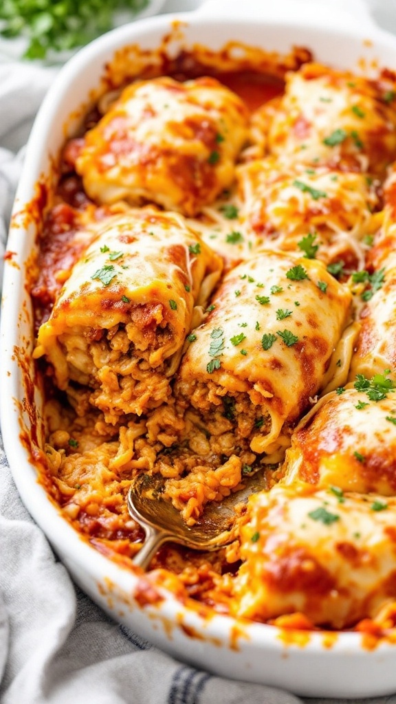 A delicious cabbage roll casserole topped with melted cheese and parsley, served in a white baking dish.