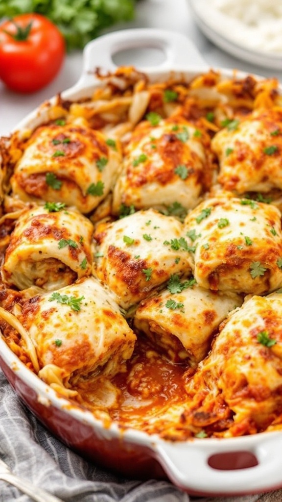 A delicious cabbage roll casserole with melted cheese, garnished with parsley, served in a baking dish.