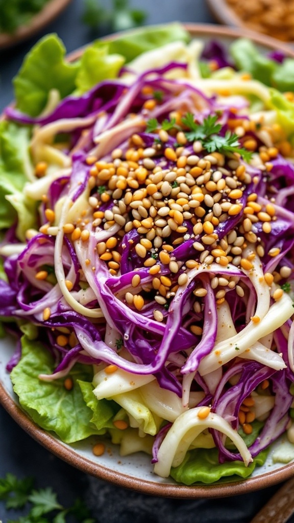 A colorful cabbage salad topped with seeds on a plate