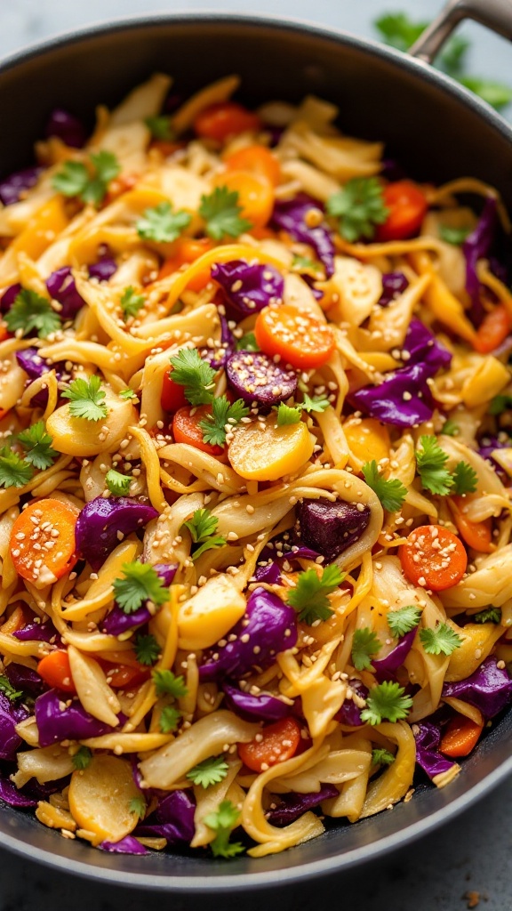 A colorful cabbage stir-fry with purple cabbage, carrots, and noodles topped with cilantro and sesame seeds.