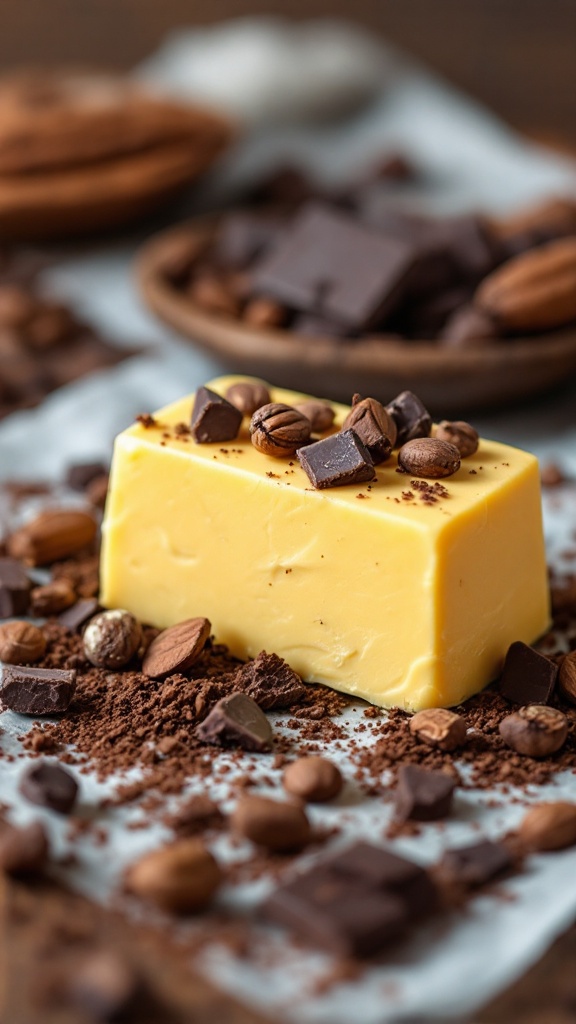 A block of cacao butter surrounded by chocolate chunks and coffee beans on a textured surface.