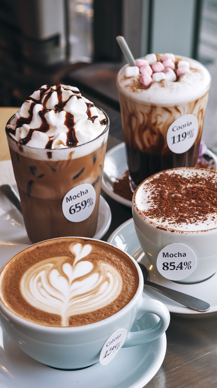 An assortment of caffeine-rich drinks with varying levels of caffeine content displayed on labels.