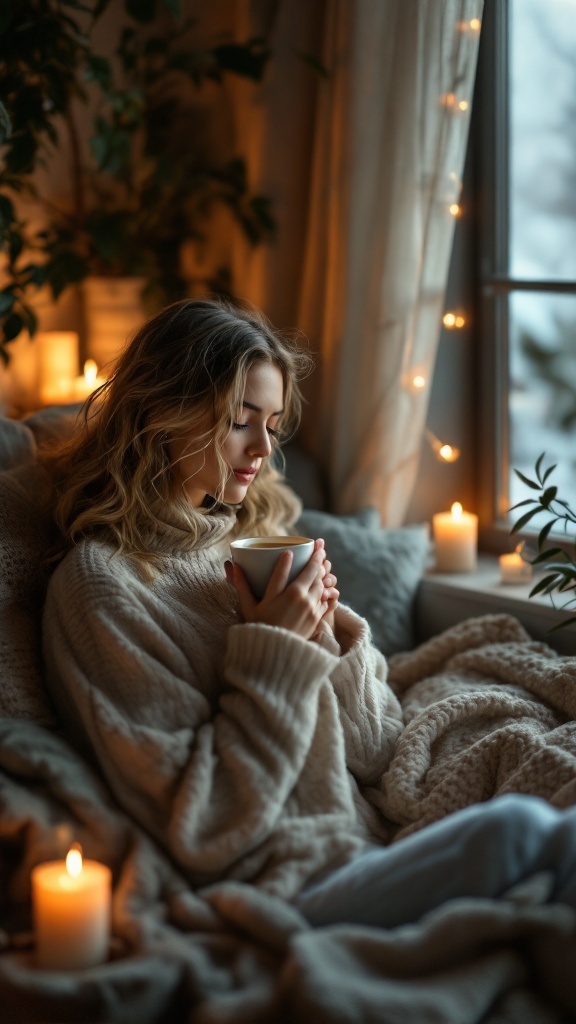 A woman relaxing in a cozy setting with candles and a warm drink.