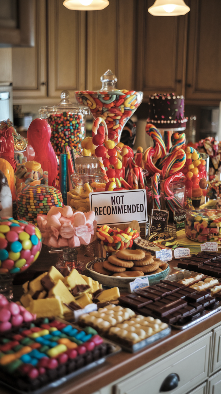 A colorful display of various candies and desserts with a sign that says 'Not Recommended.'