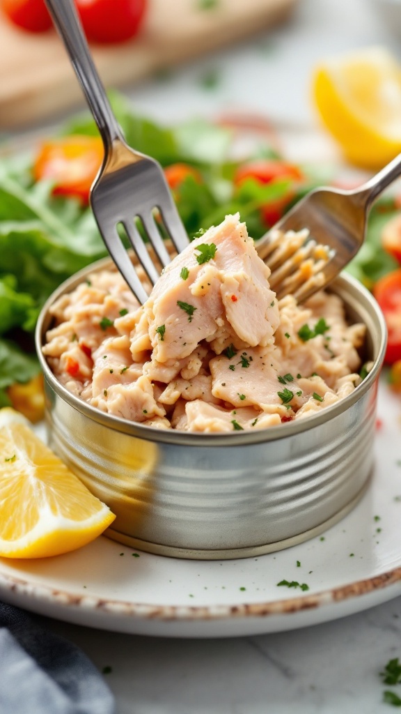 A can of tuna served with lemon and salad, showcasing the convenience of canned tuna.