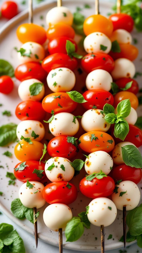 Colorful Caprese salad skewers with cherry tomatoes, mozzarella balls, and basil leaves on a plate.