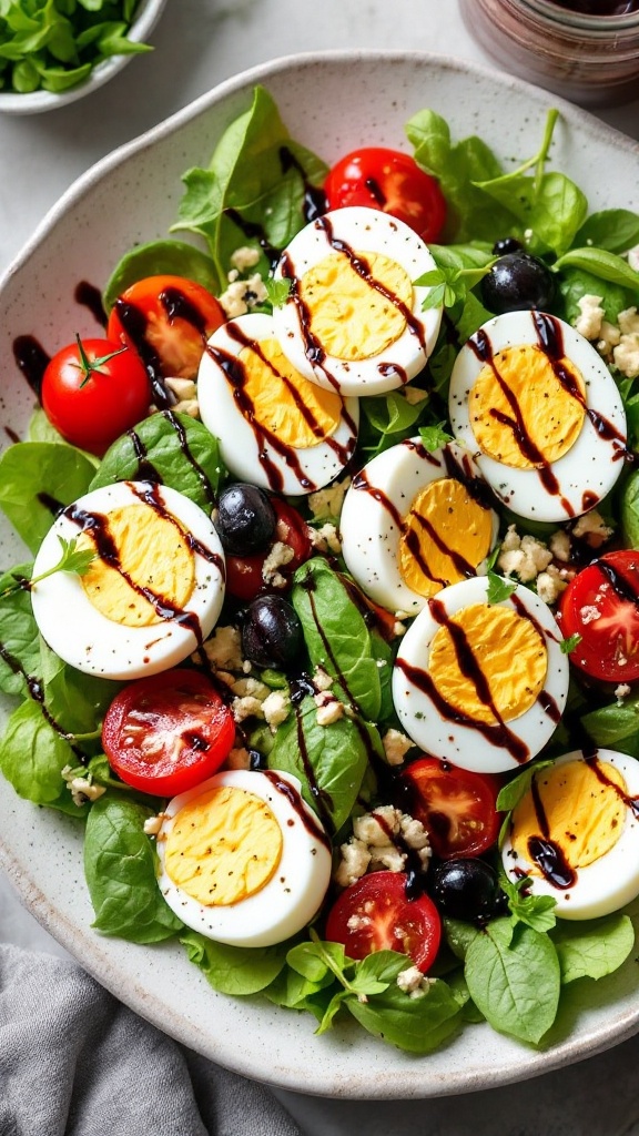 A colorful plate of Caprese salad with sliced boiled eggs, cherry tomatoes, and spinach topped with balsamic reduction.