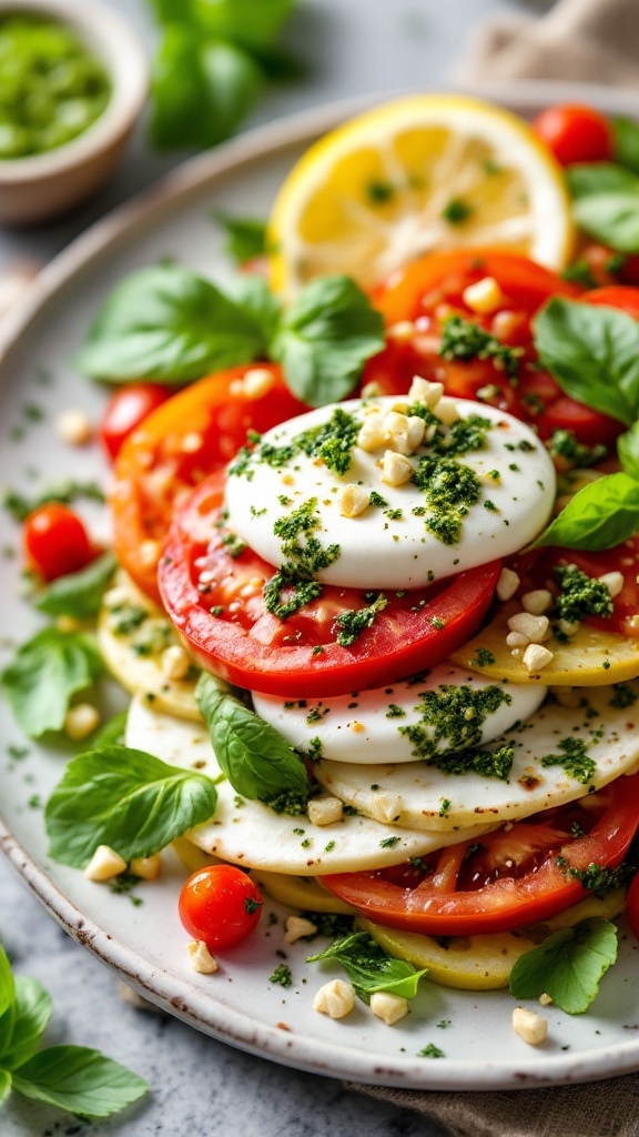 A colorful Caprese salad layered with tomatoes, mozzarella, and pesto, garnished with basil and nuts.