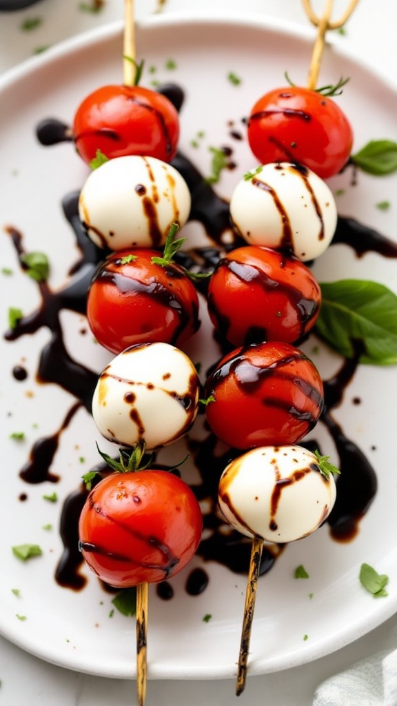 Caprese skewers with cherry tomatoes, mozzarella balls, and basil drizzled with balsamic reduction on a plate.