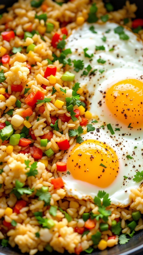 A colorful bowl of cauliflower fried rice with sunny-side-up eggs