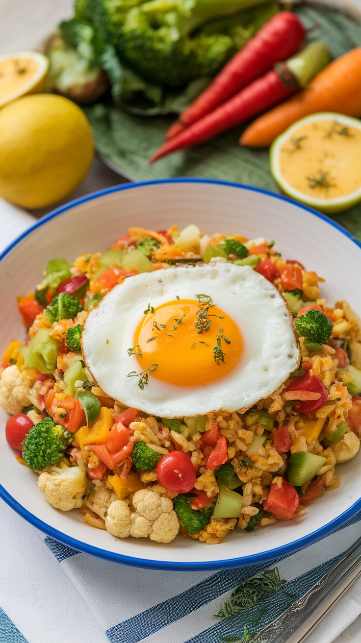 A colorful bowl of cauliflower fried rice topped with a sunny-side-up egg, surrounded by fresh vegetables.