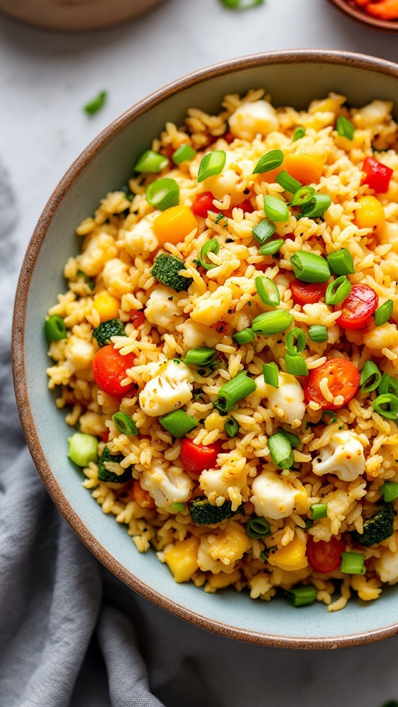 A bowl of colorful cauliflower fried rice with chopped green onions and assorted vegetables.