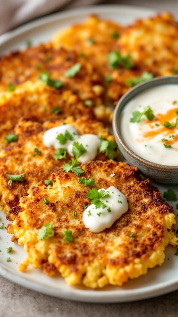 Crispy cauliflower hash browns garnished with herbs and served with a creamy dip