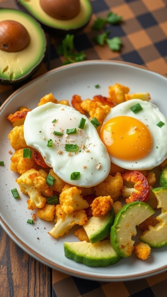 A plate of cauliflower hash browns topped with sunny-side-up eggs, garnished with green onion and served with avocado slices.