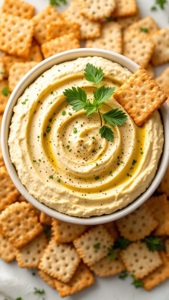 A bowl of cauliflower hummus garnished with parsley and olive oil, surrounded by crackers.