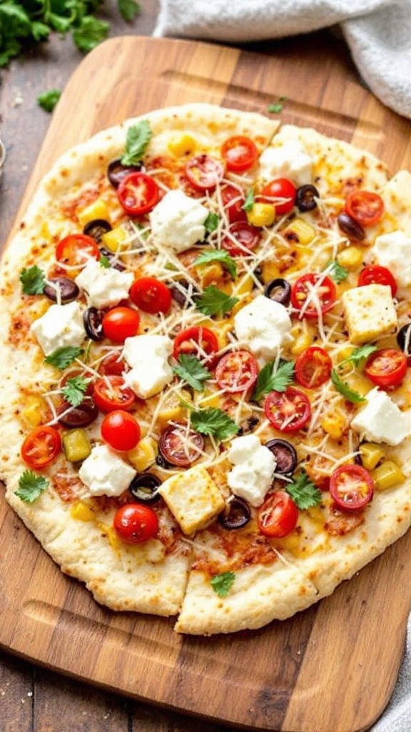 A colorful cauliflower pizza crust topped with tomatoes, olives, and cheese on a wooden board.