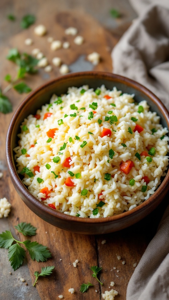 A bowl of cauliflower rice mixed with peppers and herbs