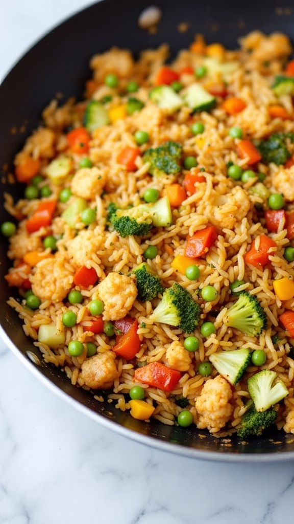 A colorful cauliflower rice stir-fry in a skillet with various vegetables.