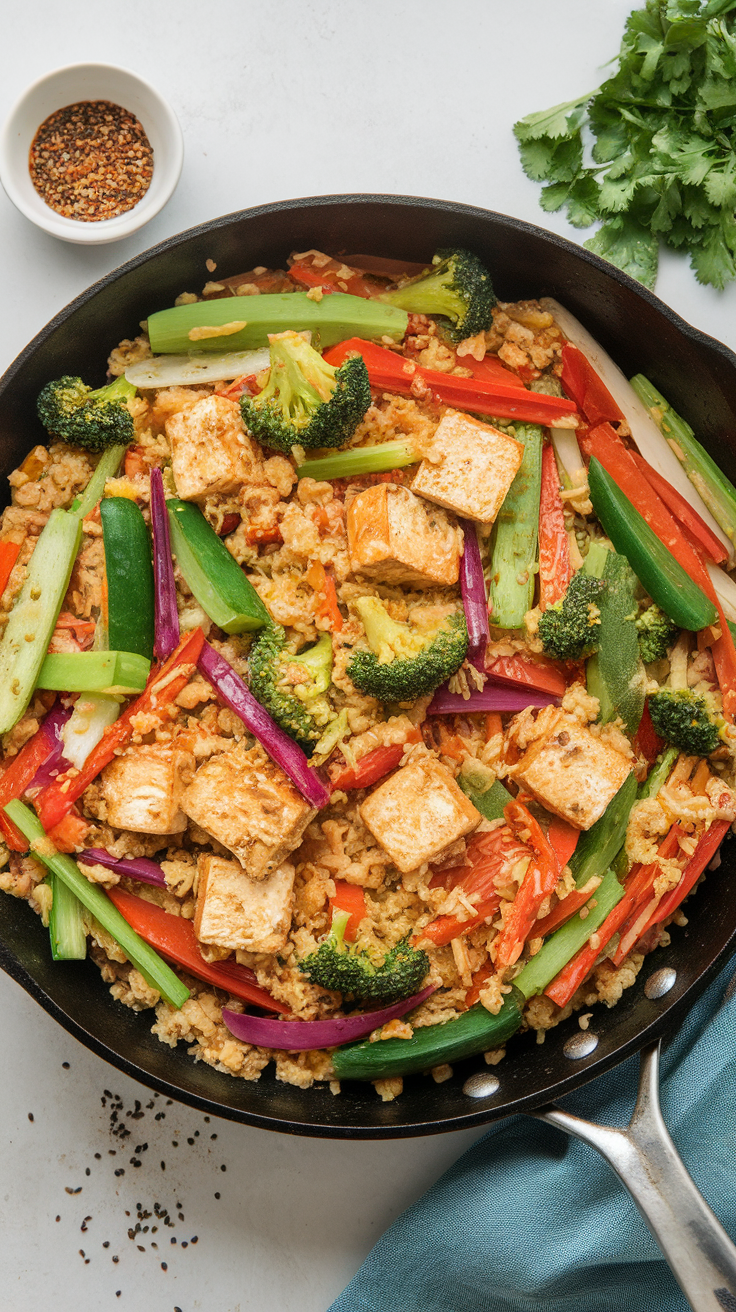 A vibrant cauliflower rice stir-fry with tofu and assorted vegetables in a skillet.