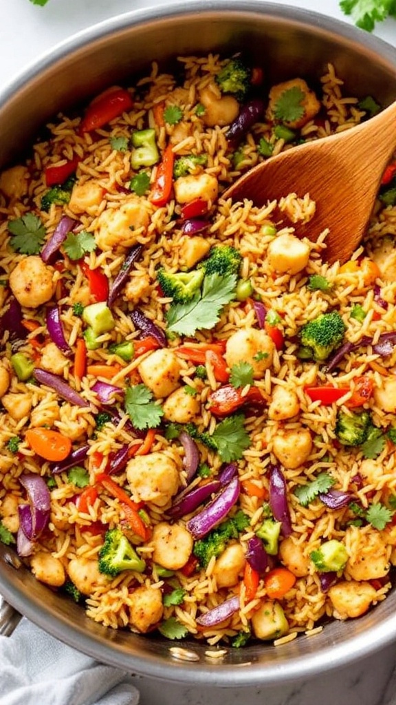 A colorful and vibrant cauliflower rice stir-fry with various vegetables.