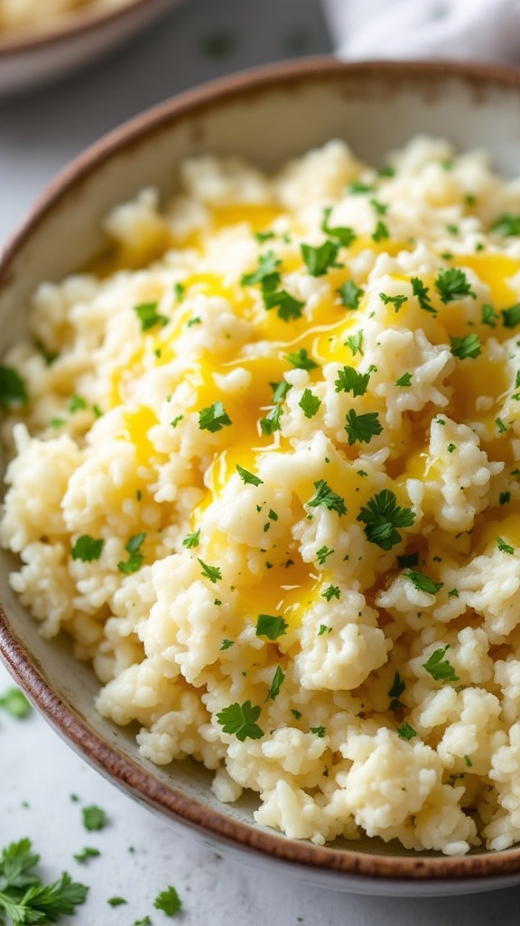 Bowl of cauliflower rice topped with herbs and a drizzle of healthy fats