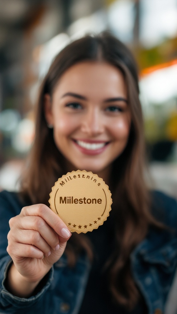 A smiling young woman holding a milestone badge.