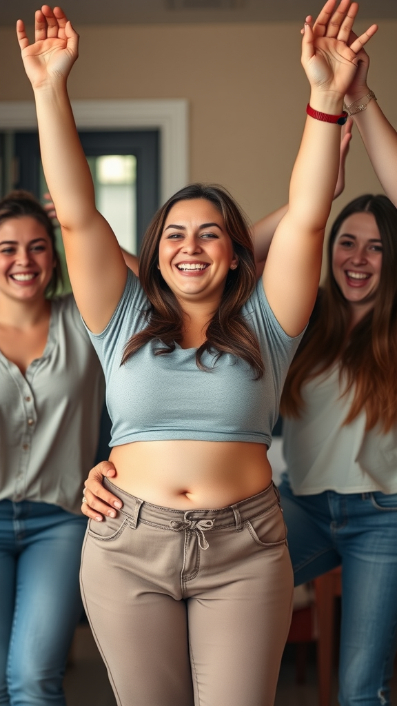 A group of happy women celebrating together with smiles.