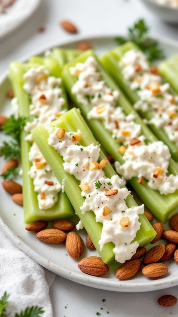 A plate of celery sticks topped with cream cheese and chopped nuts, surrounded by almonds.