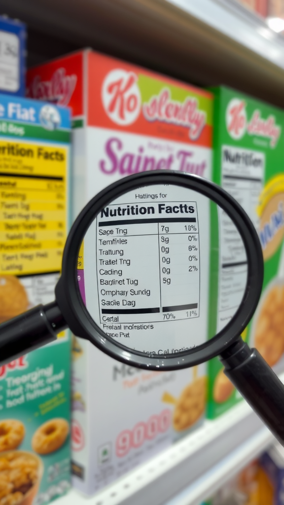 A magnifying glass focusing on nutrition facts of a cereal box on a grocery shelf