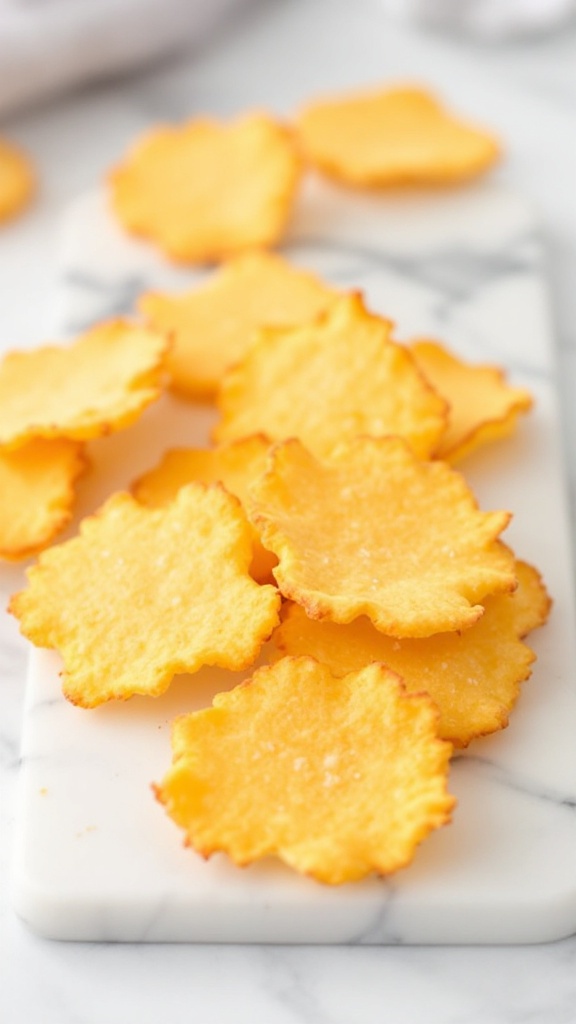 A plate of golden crispy cheddar cheese crisps arranged on a marble surface.