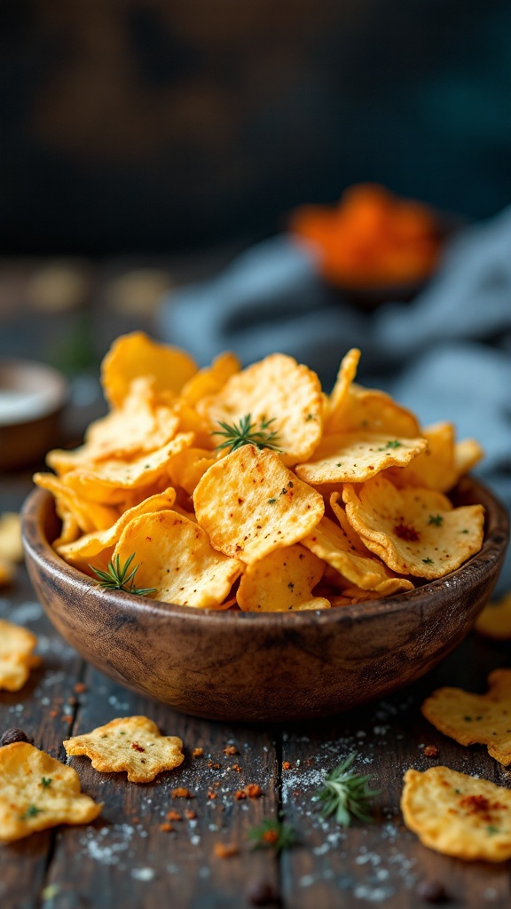 A bowl of crispy cheese crisps topped with herbs and spices.