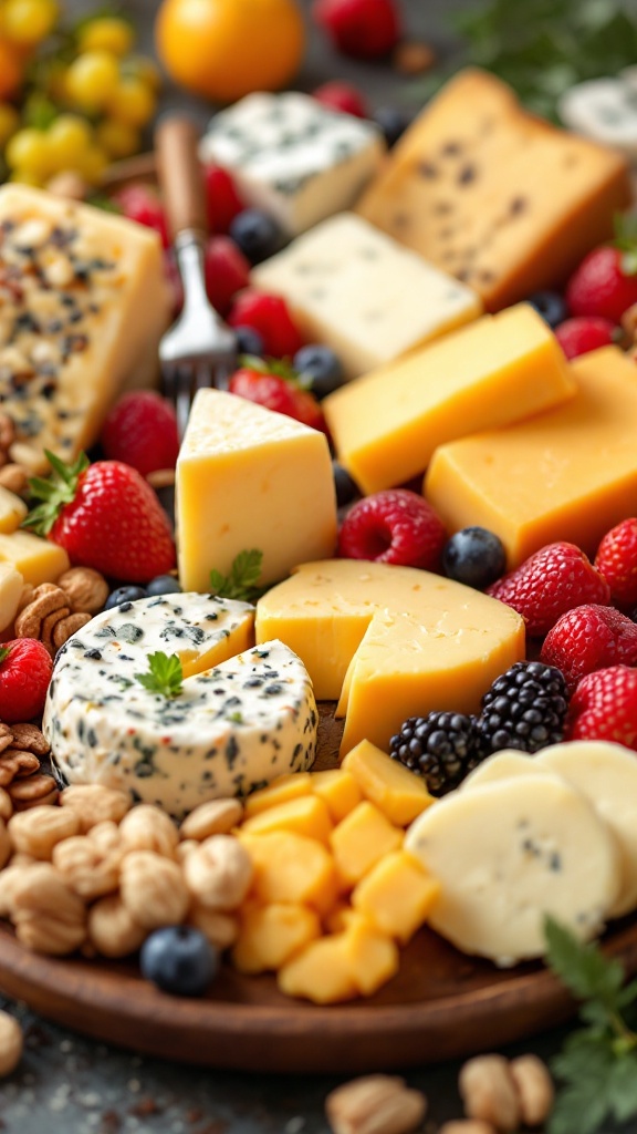 A variety of cheeses displayed on a wooden platter with fruits and nuts.