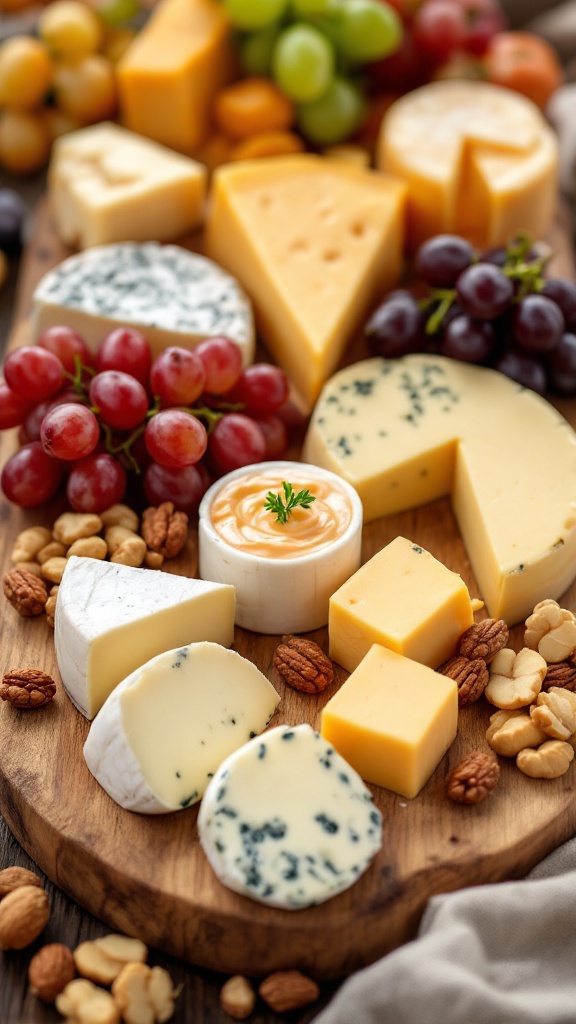 An assortment of different types of cheese on a wooden platter with grapes and nuts.