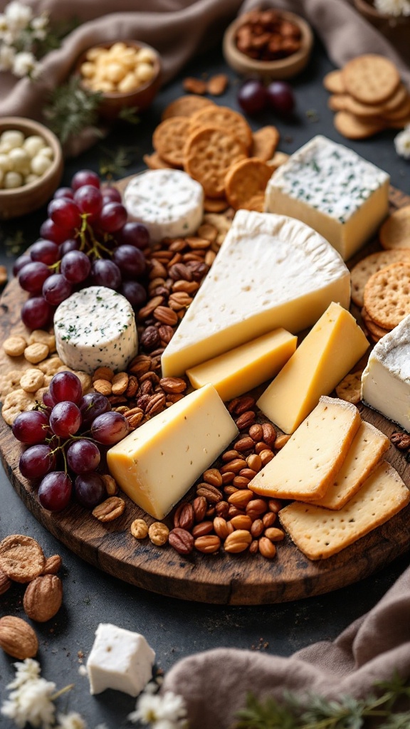 A beautifully arranged cheese board featuring various cheeses, grapes, nuts, and crackers.