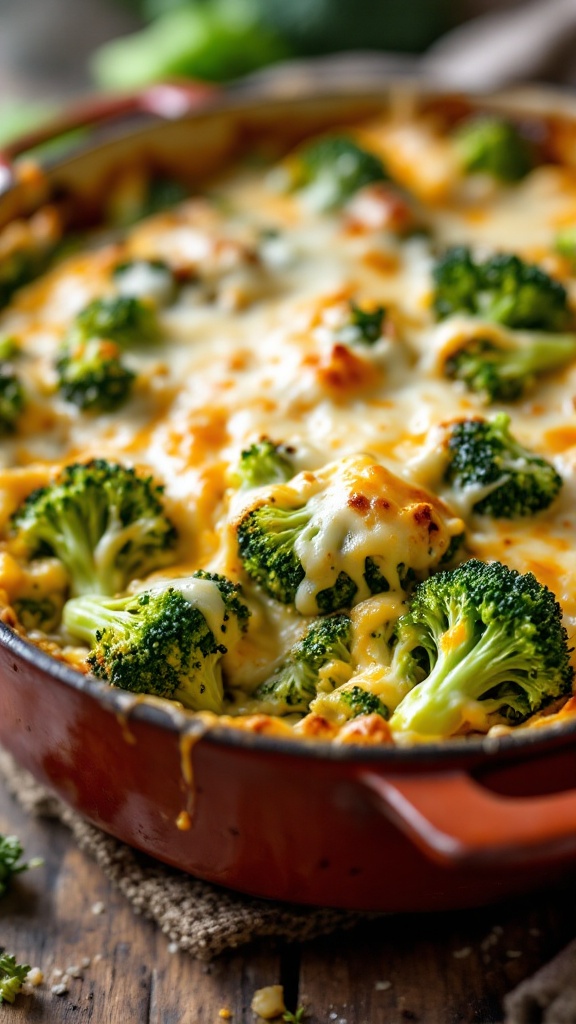 A close-up of a cheesy broccoli bake with melted cheese and fresh broccoli in a red baking dish.