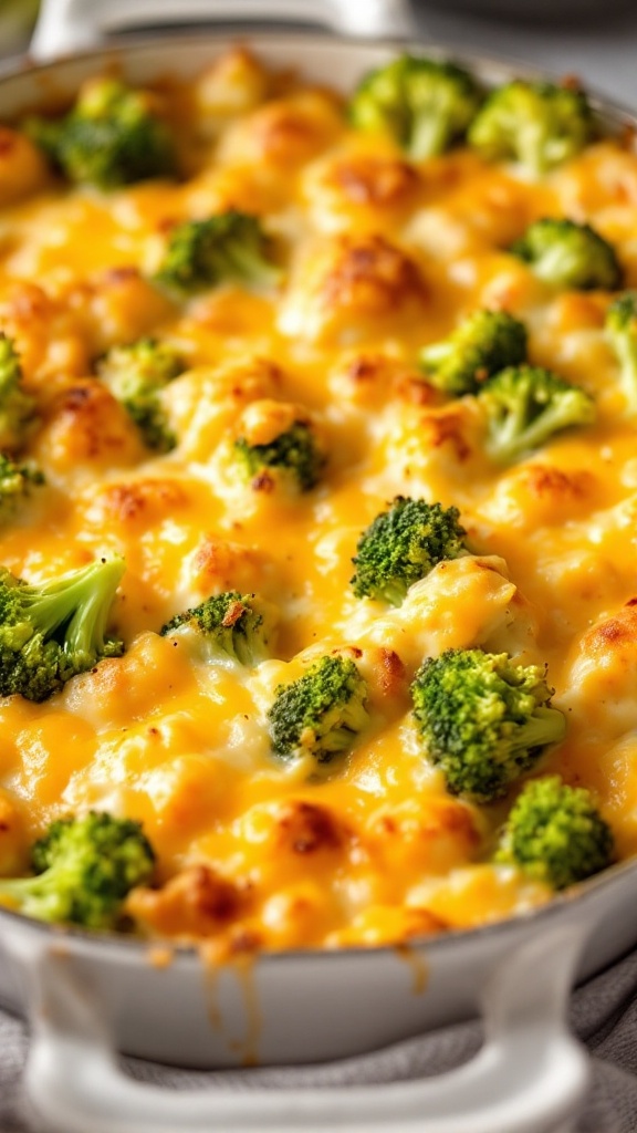 A close-up of a cheesy broccoli casserole with golden melted cheese and green broccoli.