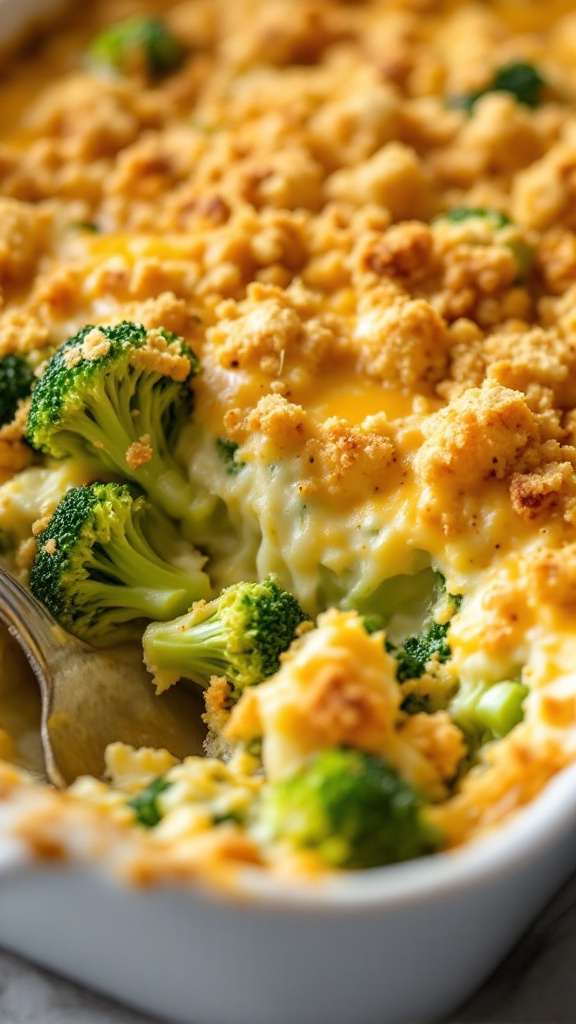 A delicious cheesy broccoli casserole with a golden topping and fresh broccoli peeking through