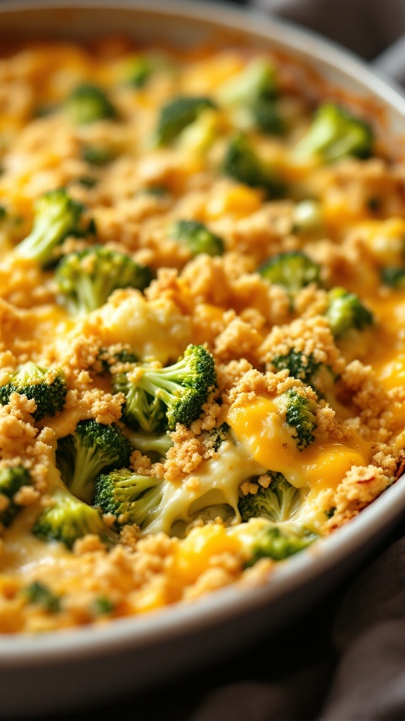 A close-up of a cheesy broccoli casserole with broccoli and a golden breadcrumb topping.