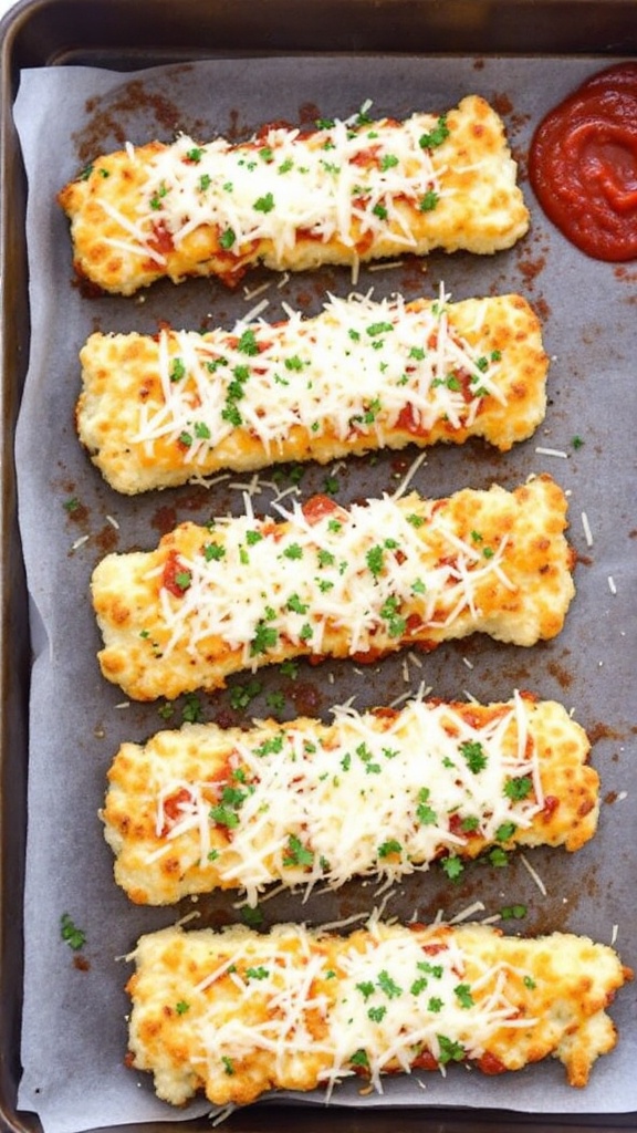 Baking tray with cheesy cauliflower breadsticks topped with cheese and parsley, served with marinara sauce