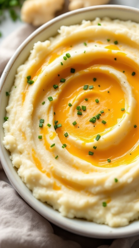 A bowl of cheesy cauliflower mash with melted cheese and chives on top.