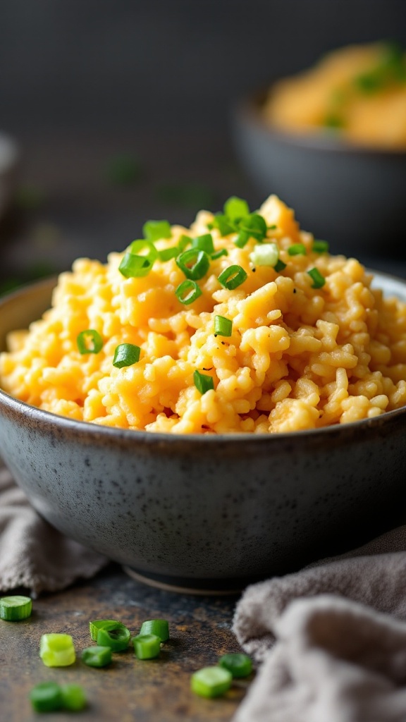 A bowl of cheesy cauliflower rice topped with green onions.