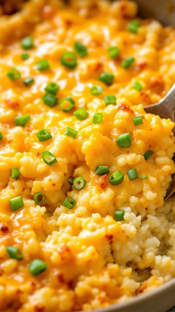 A close-up of cheesy cauliflower rice casserole with green onions on top.