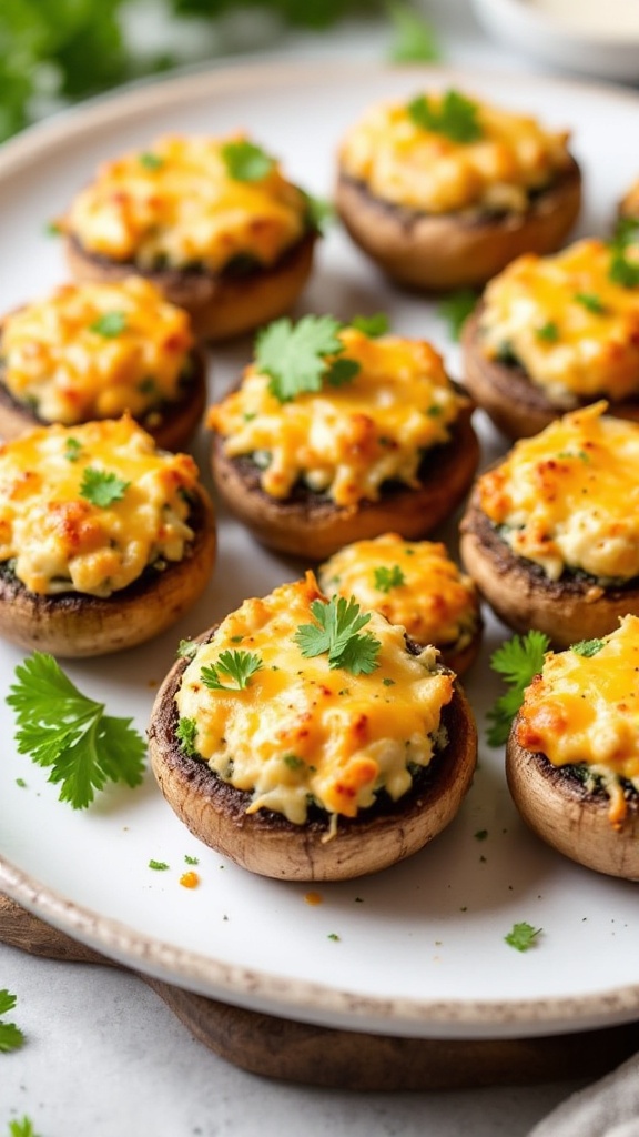 A plate of cheesy stuffed mushrooms topped with cilantro