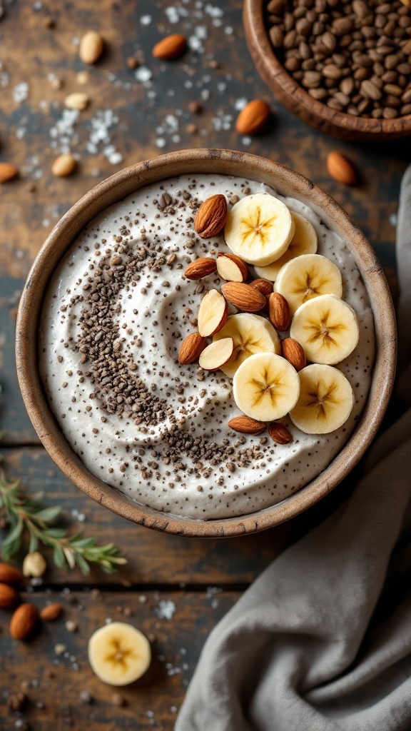 A bowl of chia seed pudding topped with banana slices and almonds on a wooden table