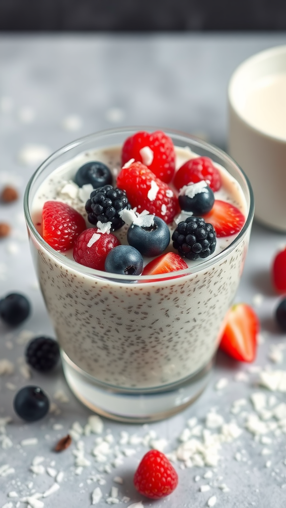 A glass of chia seed pudding topped with fresh berries and coconut flakes, sitting on a gray surface.