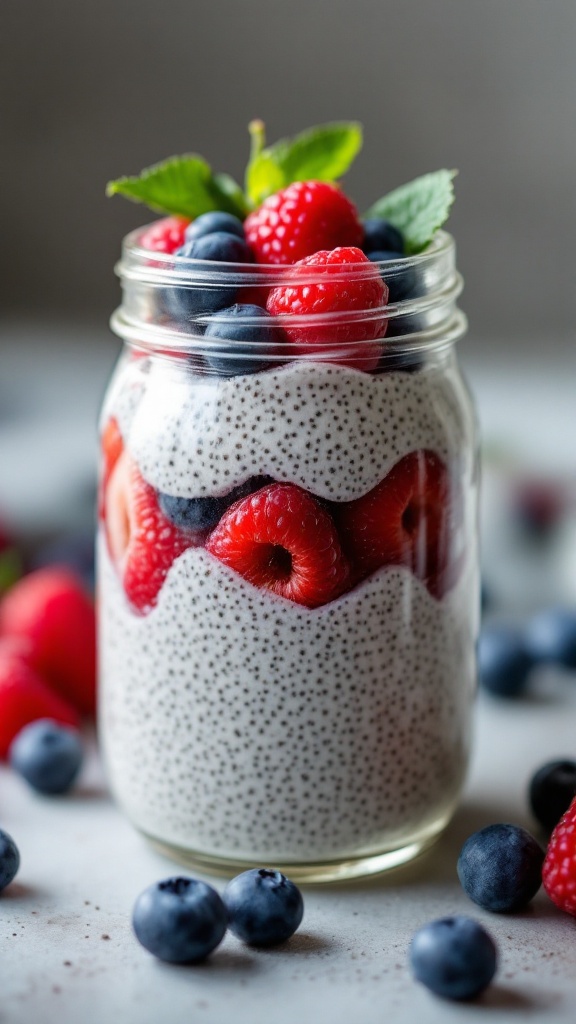 Chia seed pudding layered with raspberries and blueberries in a jar