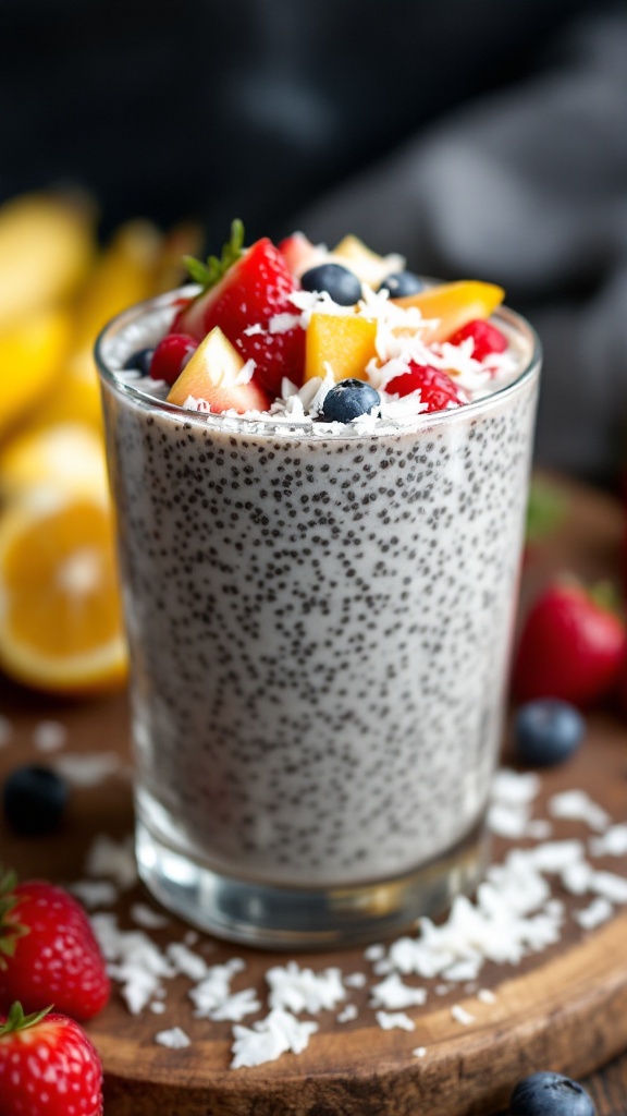 A glass of chia seed pudding topped with fresh fruits and shredded coconut.