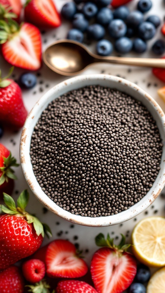 A bowl of chia seeds surrounded by fresh strawberries, blueberries, and lemon slices.